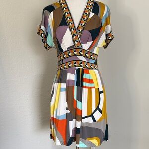 BCBGMaxAzria Multi-Color Geometric V-Neck Mini Dress